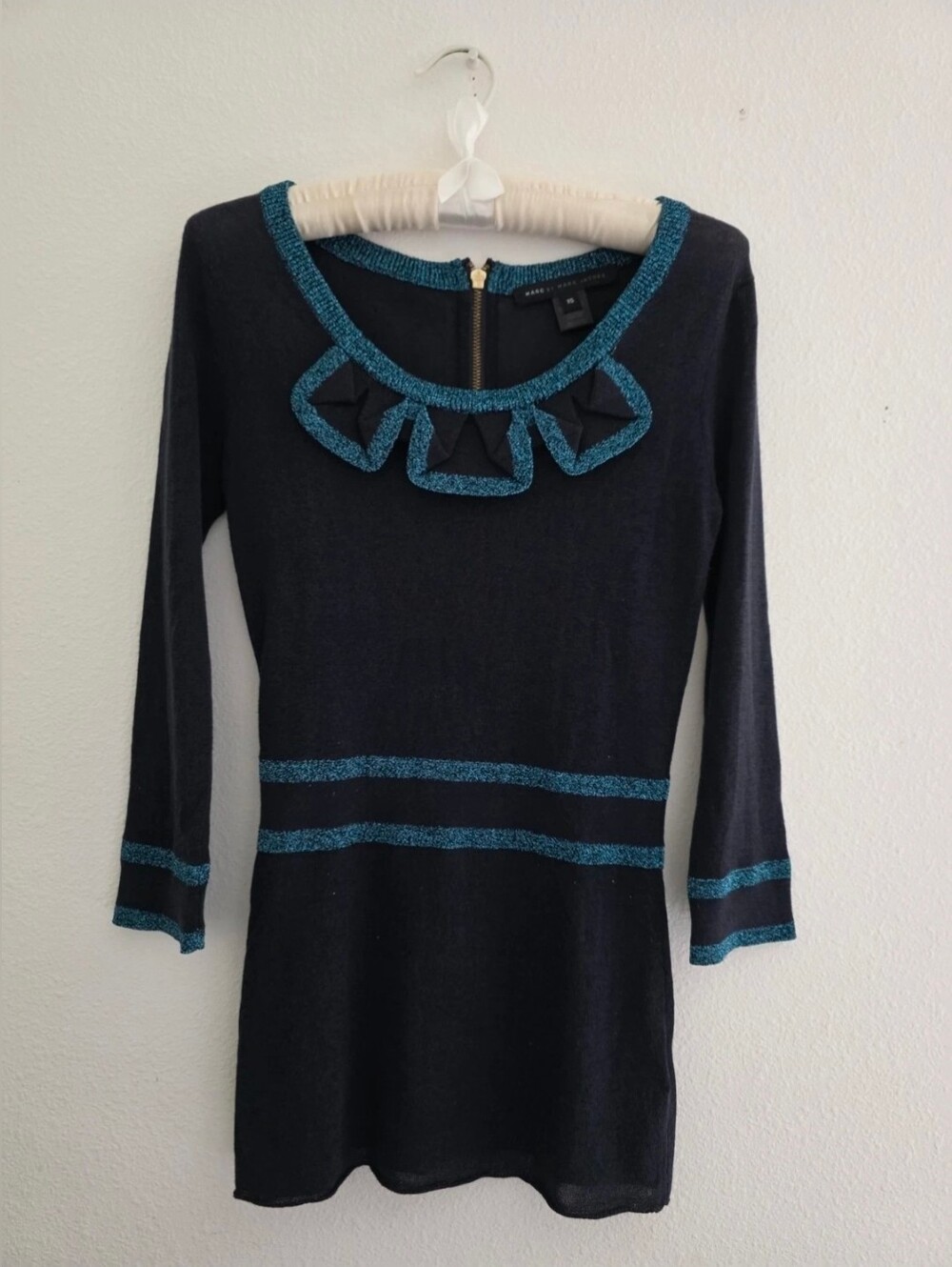 Marc By Marc Jacobs Sweater Top W/Ruffle Collar Sheer In Deep Navy W/ Trim Sz XS